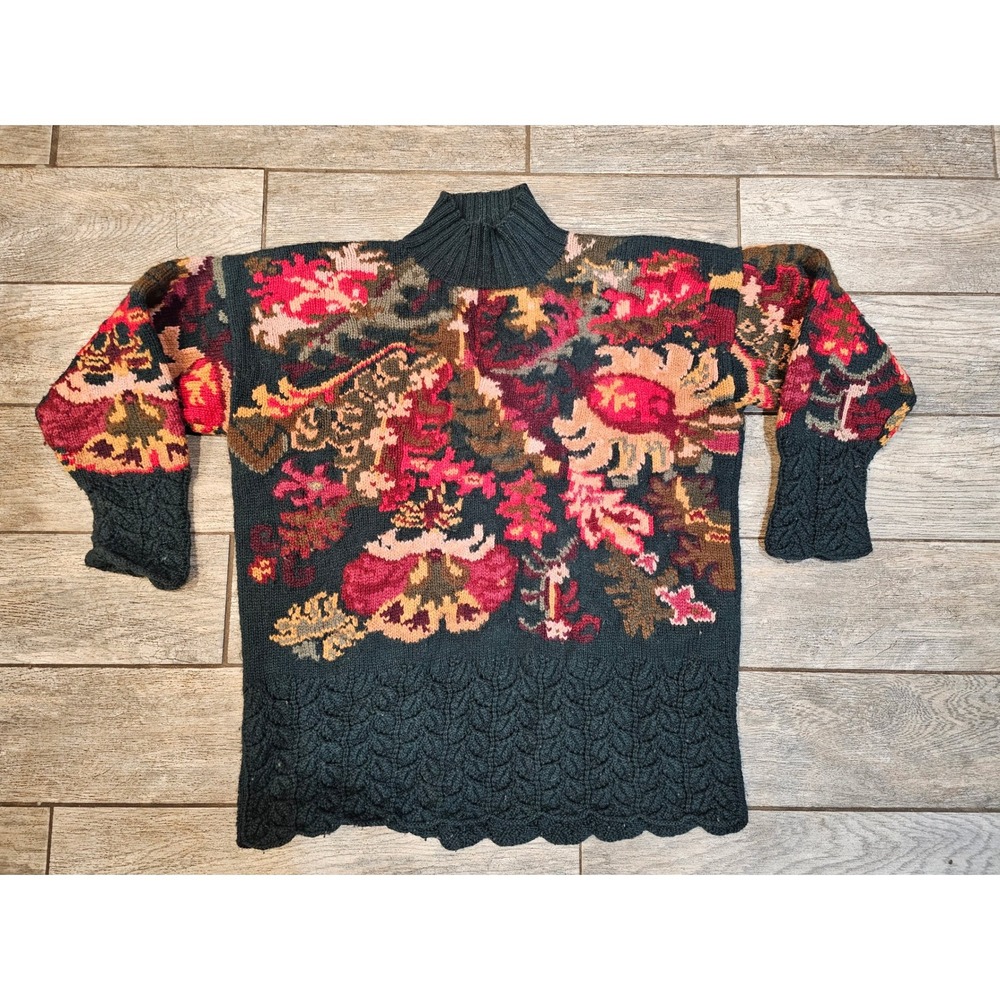 Vintage Nordstrom 100% Merino Wool Hand Knit Floral‎ Turtle Neck Sweater